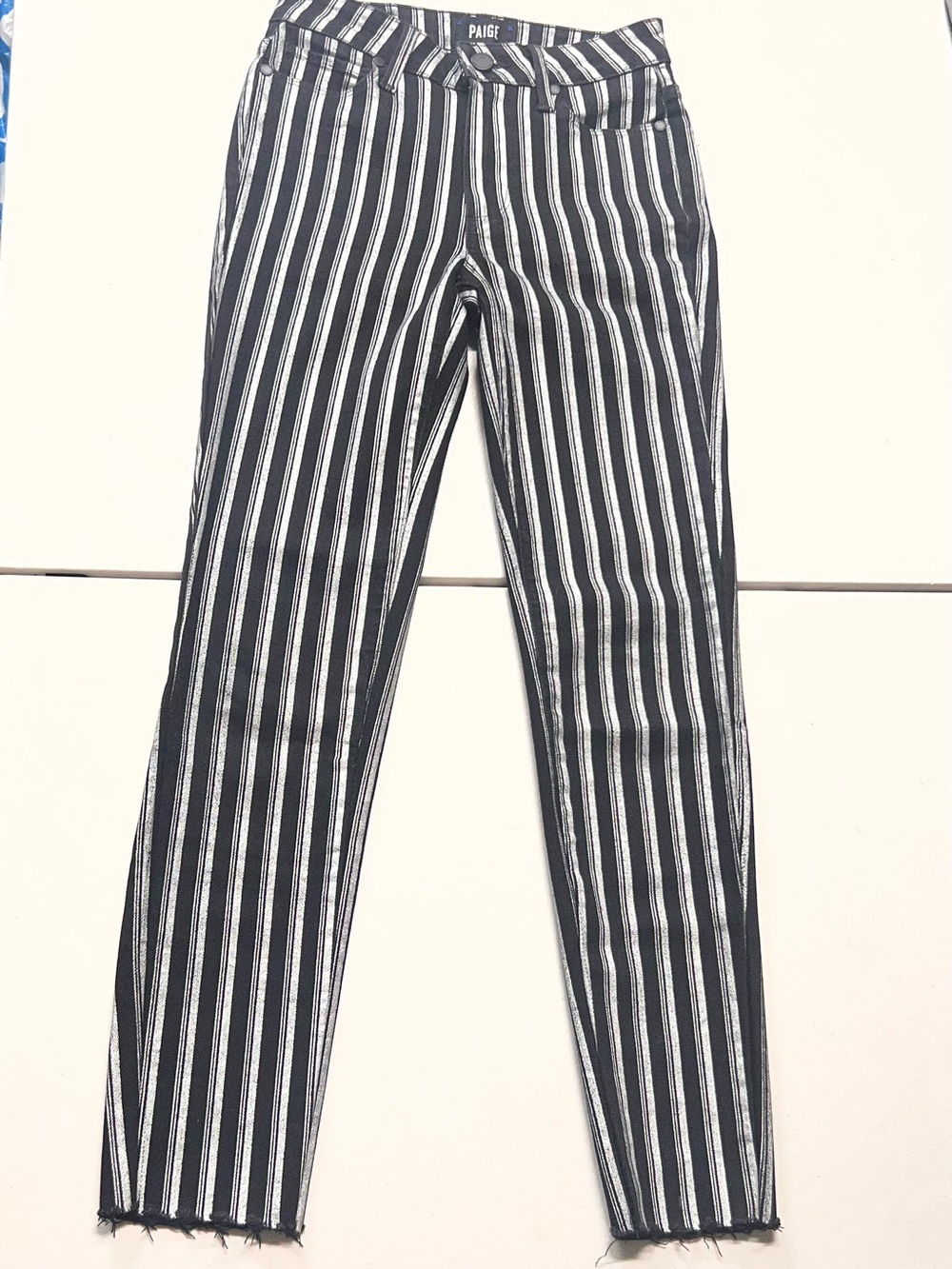 PAIGE Black and White Vertical Stripe Skinny Jeans